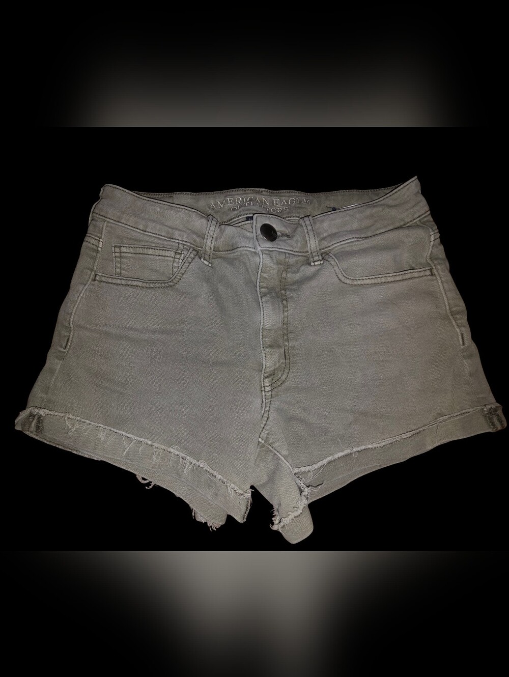 American Eagle Olive Denim Hi-Rise Shortie Shorts Frayed Hem Size 6 Stretch